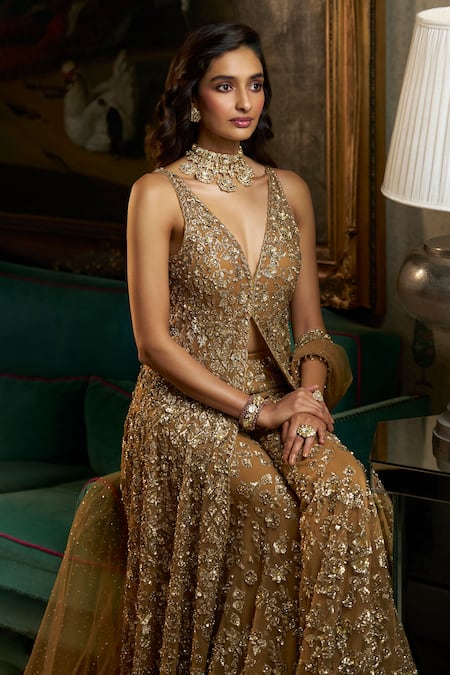 Shop_Seema Gujral_Gold Net Crystals, Sequins, Tassels Plunge Neck Embroidered Jacket Kurta Set _Online_at_Aza_Fashions