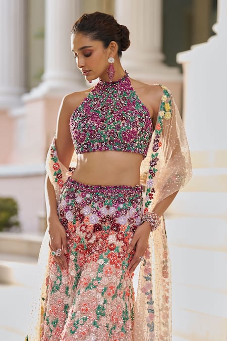 Seema Gujral_Multi Color Net Sequins, Buckles, Crystals Gradient 3d Floral Embroidered Set _Online_at_Aza_Fashions