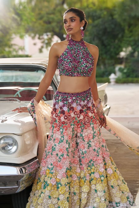 Shop_Seema Gujral_Multi Color Net Sequins, Buckles, Crystals Gradient 3d Floral Embroidered Set _Online_at_Aza_Fashions