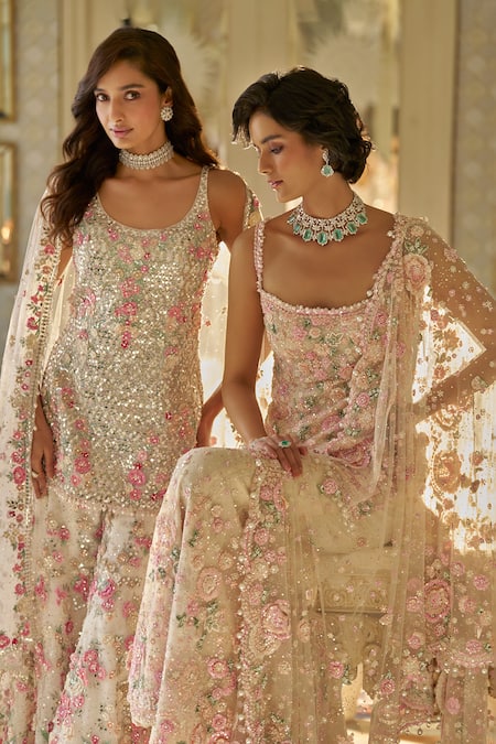 Shop_Seema Gujral_Ivory Net Pearls, Sequins, Crystals, Tassels Floral 3d Embroidered Kurta Set _Online_at_Aza_Fashions