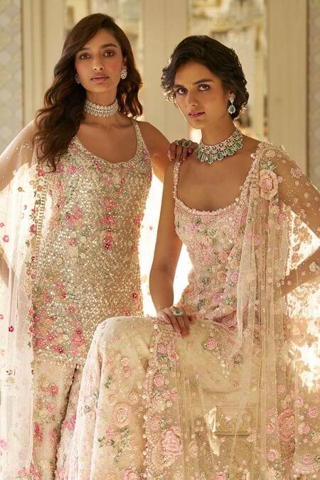 Seema Gujral_Ivory Net Pearls, Sequins, Crystals, Tassels Floral 3d Embroidered Kurta Set _at_Aza_Fashions