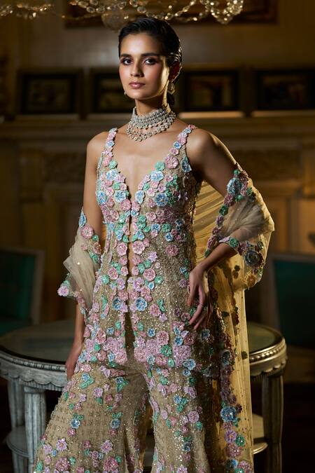 Seema Gujral_Gold Net Crystals, Sequins, Embroidery Sweetheart 3d Floral Jacket Kurta Set _Online_at_Aza_Fashions