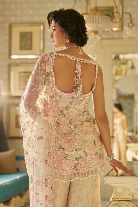 Seema Gujral 3D Floral Embroidered Beige Kurta Sharara Set 