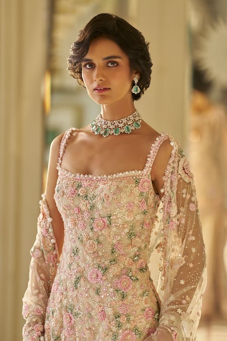 Buy_Seema Gujral_Beige Net Crystals, Sequins, Tassels 3d Floral Embroidered Kurta Sharara Set _Online_at_Aza_Fashions