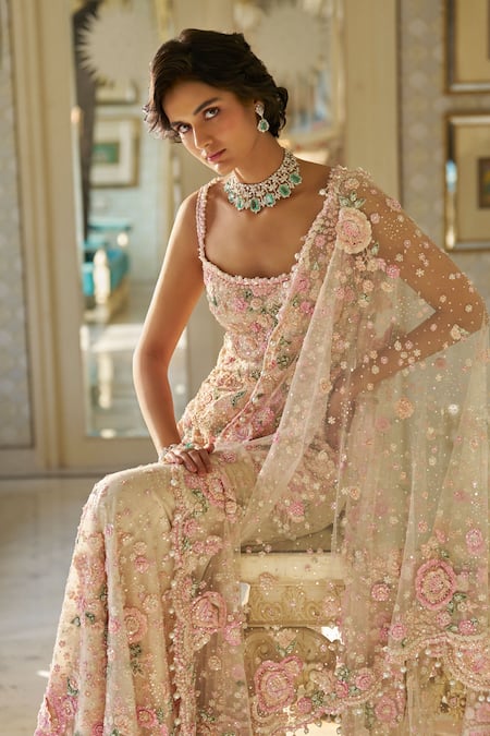 Shop_Seema Gujral_Beige Net Crystals, Sequins, Tassels 3d Floral Embroidered Kurta Sharara Set _Online_at_Aza_Fashions