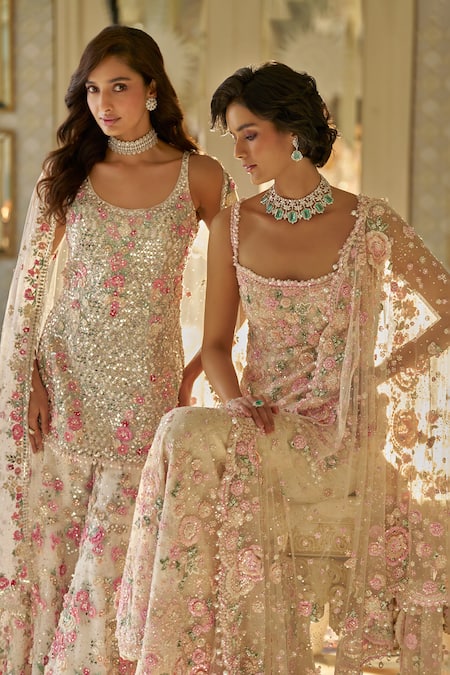 Seema Gujral_Beige Net Crystals, Sequins, Tassels 3d Floral Embroidered Kurta Sharara Set _at_Aza_Fashions