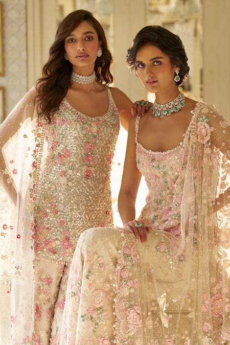 Buy_Seema Gujral_Beige Net Crystals, Sequins, Tassels 3d Floral Embroidered Kurta Sharara Set 