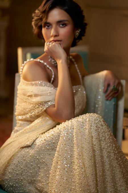 Buy_Seema Gujral_Ivory Net Pearls, Sequins, Diamonds Square Neck Embellished Kurta Sharara Set _Online_at_Aza_Fashions