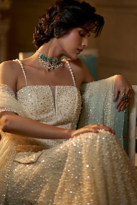 Shop_Seema Gujral_Ivory Net Pearls, Sequins, Diamonds Square Neck Embellished Kurta Sharara Set _Online_at_Aza_Fashions