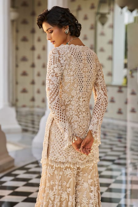 Seema Gujral Beige Pearl Cutwork Kurta Sharara Set 