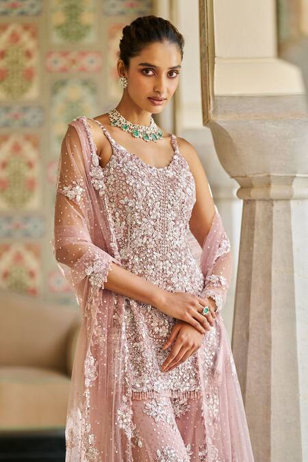 Buy_Seema Gujral_Purple Net Tassels, Sequins, Crystals Embroidered Kurta Sharara Set With Dupatta _Online_at_Aza_Fashions