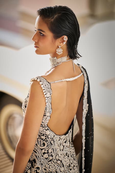 Seema Gujral Black Pearl Embroidered Kurta Sharara Set 