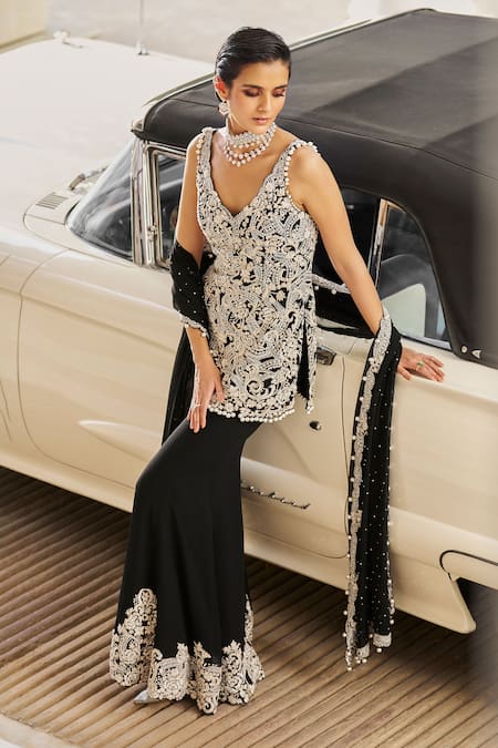 Buy_Seema Gujral_Black Georgette Pearls, Sequins V-neck Embroidered Kurta Sharara Set _Online_at_Aza_Fashions