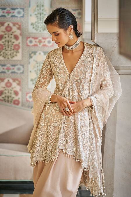 Seema Gujral_Beige Net, Silk Pearls, Sequins V-neck Floral Embroidered Kurta And Dhoti Pant Set_Online_at_Aza_Fashions