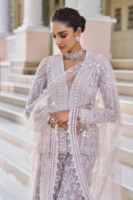 Buy_Seema Gujral_Mauve Net Pearls, Sequins, Tassels V-neck Embroidered Jacket Kurta Sharara Set 