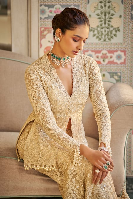 Shop Seema Gujral Beige Silk, Tissue Pearls, Sequins, Tassels Paisley Thread Embroidered Kurta Set Online at Aza Fashions Shop_Seema Gujral_Beige Silk, Tissue Pearls, Sequins, Tassels Paisley Thread Embroidered Kurta Set _Online_at_Aza_Fashions