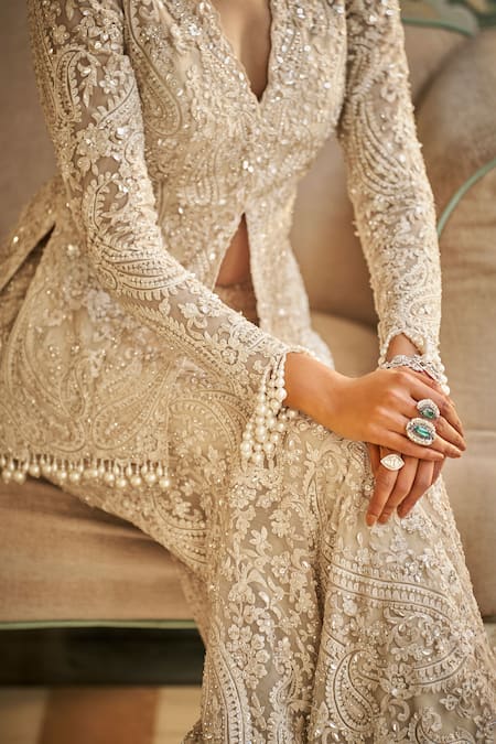 Seema Gujral Beige Silk, Tissue Pearls, Sequins, Tassels Paisley Thread Embroidered Kurta Set at Aza Fashions Seema Gujral_Beige Silk, Tissue Pearls, Sequins, Tassels Paisley Thread Embroidered Kurta Set _at_Aza_Fashions