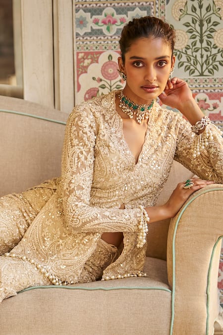 Buy Seema Gujral Beige Silk, Tissue Pearls, Sequins, Tassels Paisley Thread Embroidered Kurta Set Buy_Seema Gujral_Beige Silk, Tissue Pearls, Sequins, Tassels Paisley Thread Embroidered Kurta Set