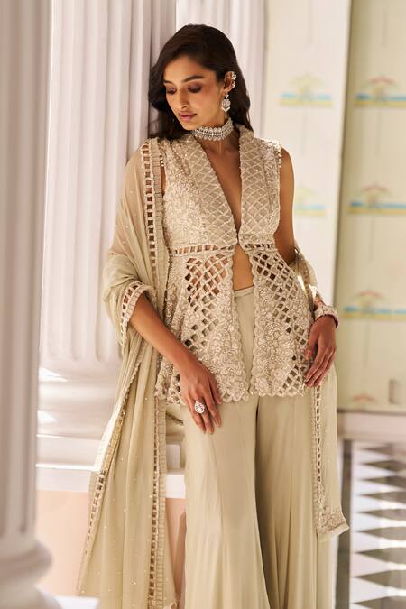 Shop_Seema Gujral_Green Georgette Embroidery, Pearls, Peplum Kurta Set With Dupatta And Sharara _Online_at_Aza_Fashions