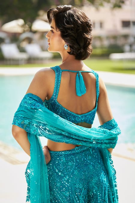 Shop Seema Gujral Blue Net Sequins, Beads, Embroidery Sweetheart Neck Paisley Blouse Sharara Set at Aza Fashions Shop_Seema Gujral_Blue Net Sequins, Beads, Embroidery Sweetheart Neck Paisley Blouse Sharara Set_at_Aza_Fashions