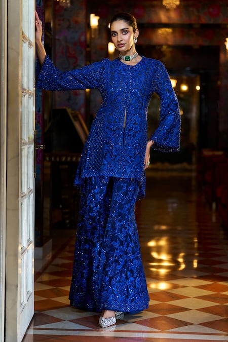 Seema Gujral Blue Net Embroidered Beads Round Paisley Jacket Kurta Sharara Set 