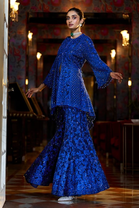 Buy Seema Gujral Blue Net Sequins, Beads, Embroidery Round Neck Paisley Jacket Kurta Sharara Set Online at Aza Fashions Buy_Seema Gujral_Blue Net Sequins, Beads, Embroidery Round Neck Paisley Jacket Kurta Sharara Set _Online_at_Aza_Fashions