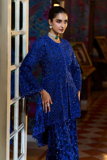 Shop Seema Gujral Blue Net Sequins, Beads, Embroidery Round Neck Paisley Jacket Kurta Sharara Set Online at Aza Fashions Shop_Seema Gujral_Blue Net Sequins, Beads, Embroidery Round Neck Paisley Jacket Kurta Sharara Set _Online_at_Aza_Fashions