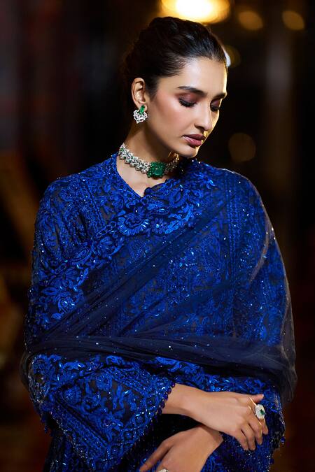 Seema Gujral Blue Net Sequins, Beads, Embroidery Round Neck Paisley Jacket Kurta Sharara Set at Aza Fashions Seema Gujral_Blue Net Sequins, Beads, Embroidery Round Neck Paisley Jacket Kurta Sharara Set _at_Aza_Fashions