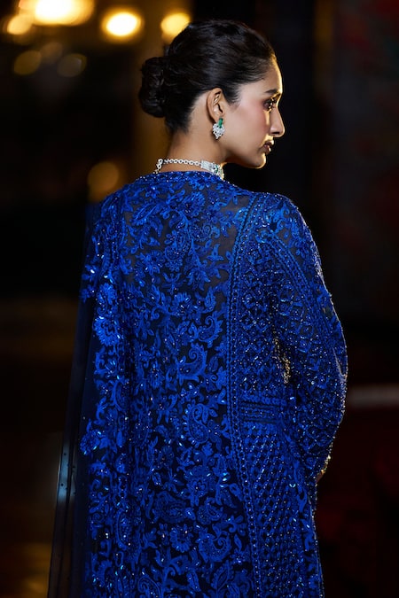 Buy Seema Gujral Blue Net Sequins, Beads, Embroidery Round Neck Paisley Jacket Kurta Sharara Set Buy_Seema Gujral_Blue Net Sequins, Beads, Embroidery Round Neck Paisley Jacket Kurta Sharara Set
