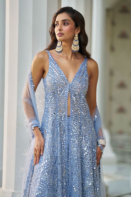 Buy_Seema Gujral_Blue Net Crystals, Mirrors V-neck Embroidered Kurta Sharara Set _Online_at_Aza_Fashions