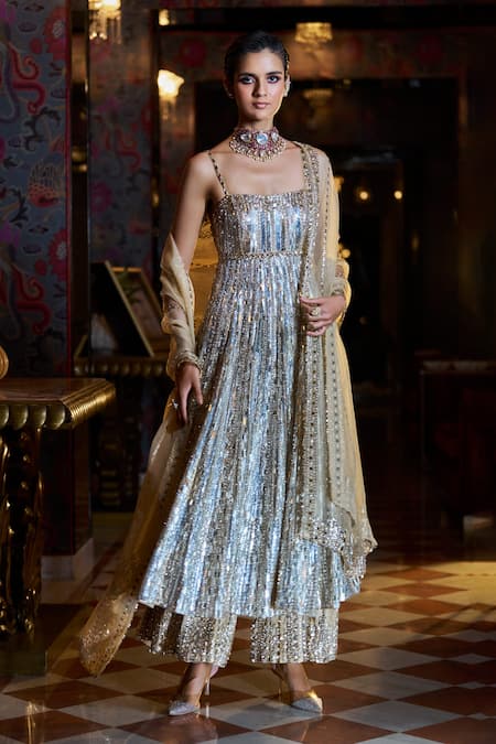 Seema Gujral Crystal Two Tone Embroidered Anarkali Sharara Set 