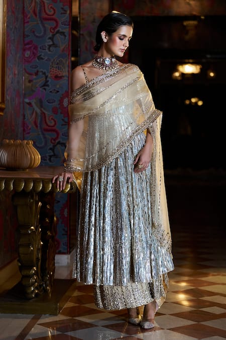 Seema Gujral_Gold Net Crystals, Sequins Square Neck Two Tone Embroidered Anarkali Set _Online_at_Aza_Fashions