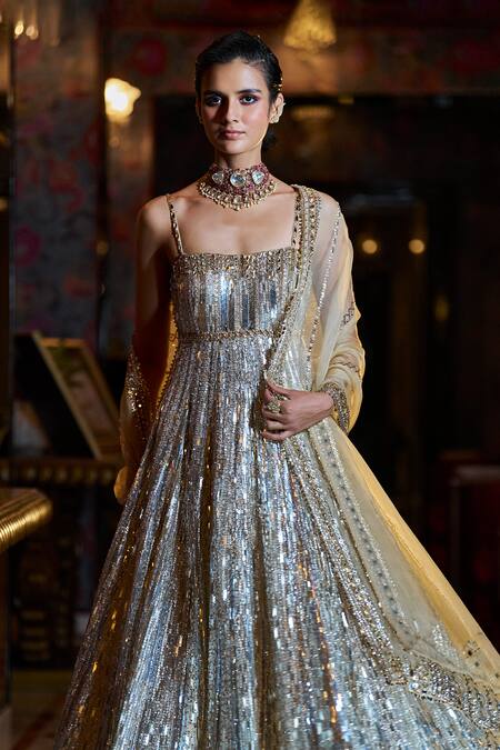 Buy_Seema Gujral_Gold Net Crystals, Sequins Square Neck Two Tone Embroidered Anarkali Set _Online_at_Aza_Fashions