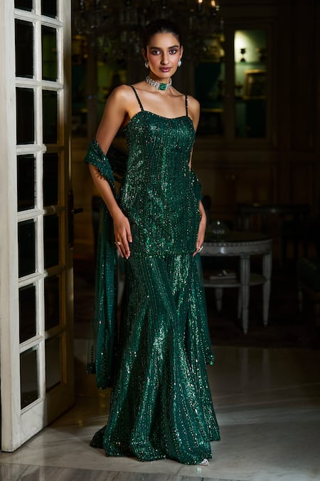 Buy_Seema Gujral_Emerald Green Net Sequins, Crystals Sweetheart Embellished Kurta Sharara Set _Online_at_Aza_Fashions