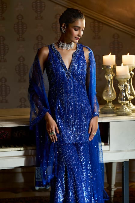Seema Gujral_Blue Net Sequins, Crystals V-neck Embellished Kurta Sharara Set _Online_at_Aza_Fashions