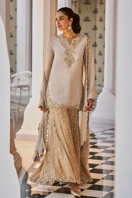 Buy_Seema Gujral_Silver Tissue, Silk Crystals, Pearls, Floral Embroidered Kurta Sharara Set _Online_at_Aza_Fashions