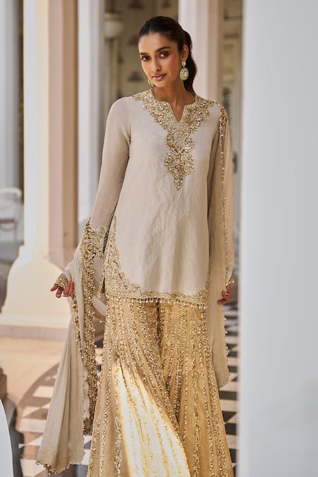 Shop_Seema Gujral_Silver Tissue, Silk Crystals, Pearls, Floral Embroidered Kurta Sharara Set _Online_at_Aza_Fashions