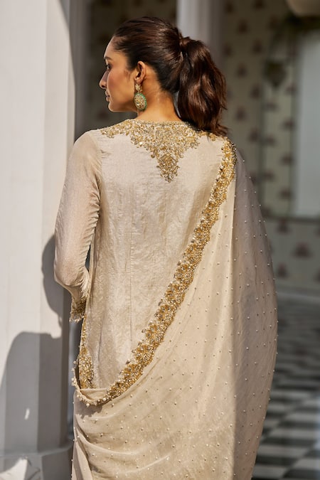 Seema Gujral_Silver Tissue, Silk Crystals, Pearls, Floral Embroidered Kurta Sharara Set _at_Aza_Fashions
