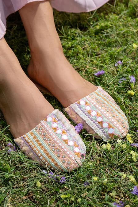 House Of Vitti India Beige Embroidery Geometric Mules 