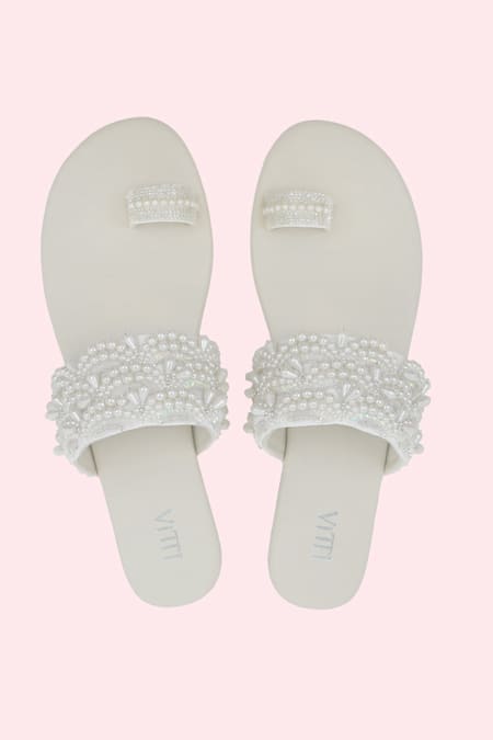 House Of Vitti India Pearl Embroidered Strap Flats 