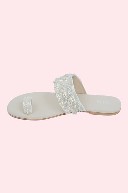 Buy_House Of Vitti India_Off White Embroidery Pearl Strap Flats _Online_at_Aza_Fashions