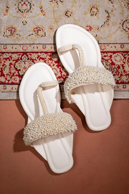 Shop House Of Vitti India Ivory Embroidery Pearl Kolhapuri Flats at Aza Fashions Shop_House Of Vitti India_Ivory Embroidery Pearl Kolhapuri Flats _at_Aza_Fashions