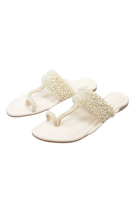 Shop House Of Vitti India Ivory Embroidery Pearl Kolhapuri Flats Online at Aza Fashions Shop_House Of Vitti India_Ivory Embroidery Pearl Kolhapuri Flats _Online_at_Aza_Fashions
