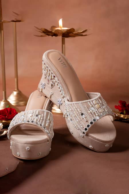 Shop House Of Vitti India Beige Embroidery Pearl Mirage Wedges at Aza Fashions Shop_House Of Vitti India_Beige Embroidery Pearl Mirage Wedges _at_Aza_Fashions