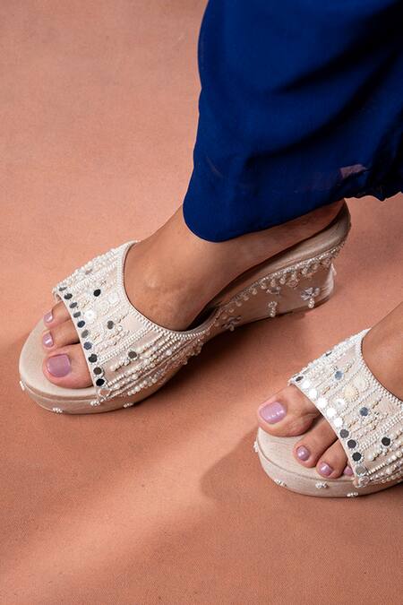 Shop House Of Vitti India Beige Embroidery Pearl Mirage Wedges Shop_House Of Vitti India_Beige Embroidery Pearl Mirage Wedges
