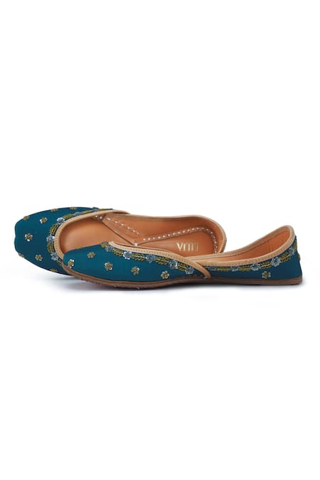 House Of Vitti India Blue Embroidery Dark Teal Juttis 
