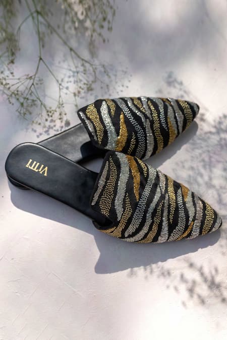 House Of Vitti India Black Embroidery Safari Pattern Mules 