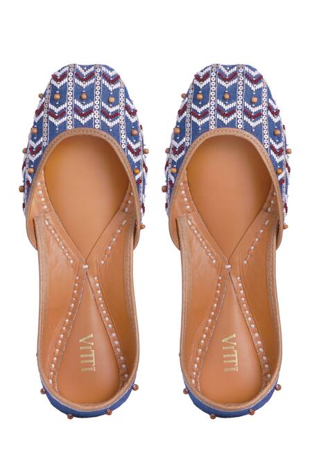 Buy_House Of Vitti India_Blue Wooden Bead Denim Chevron Embroidered Juttis _Online_at_Aza_Fashions