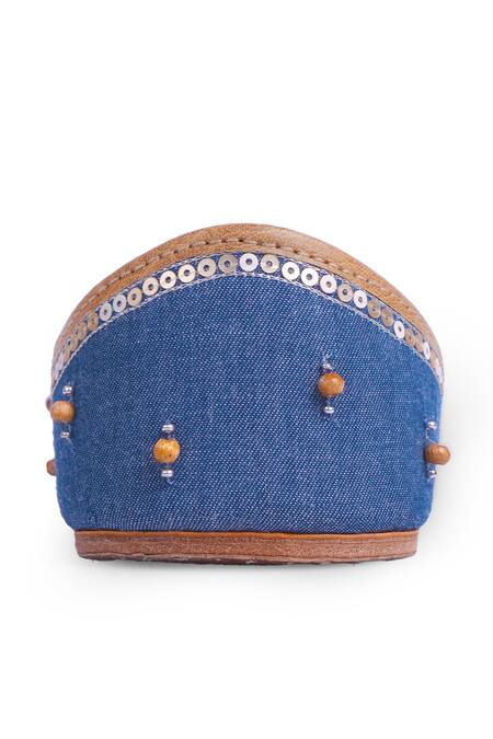 Shop_House Of Vitti India_Blue Wooden Bead Denim Chevron Embroidered Juttis _Online_at_Aza_Fashions