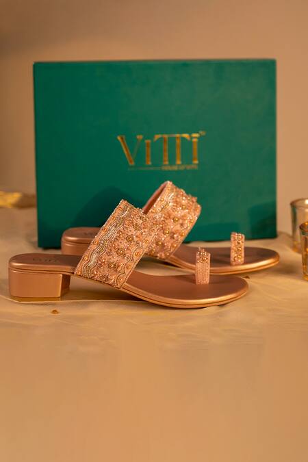 House Of Vitti India_Pink Dabka Rosette Vine Embroidered Toe Ring Heels _Online_at_Aza_Fashions